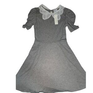 Rib Knit Lace Collar Puff Sleeve Dress XXS Heather Gray